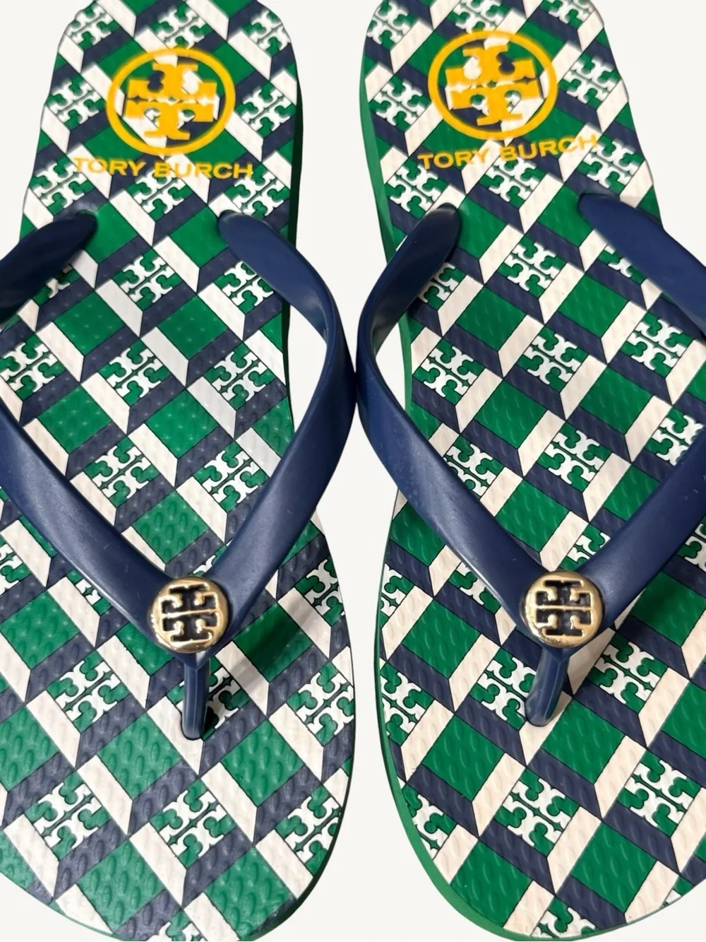 Tory Burch Green, Navy & White Check Logo Flip Flops Size 5 NWOT